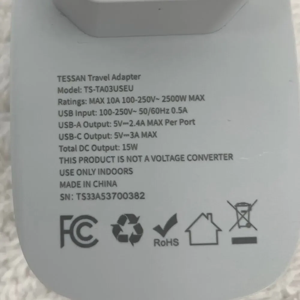 Tessan Travel Plug Adapter TS-TA03USEU 1 Outlet/2 USB/1 USB-C US to Europe